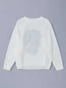SHEIN LUNE 大碼骷髏圖案落肩袖套頭毛衣 - 白色 - 查看 2