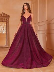 Faeriesty Elegante vestido de noche de gala con tirantes de espagueti y lentejuelas, con escote en V profundo y panel transparente, vestido de noche formal para mujer con falda amplia en línea A y cinturón que define la cintura - perfecto para recepciones de boda, galas de alfombra roja, bailes de etiqueta, celebraciones de aniversario y retratos nupciales - Rojo violeta - Ver 2