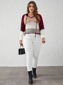 SHEIN Clasi Talla grande Jersey de color combinado de manga raglán con cordón con capucha - Burdeos - Ver 3