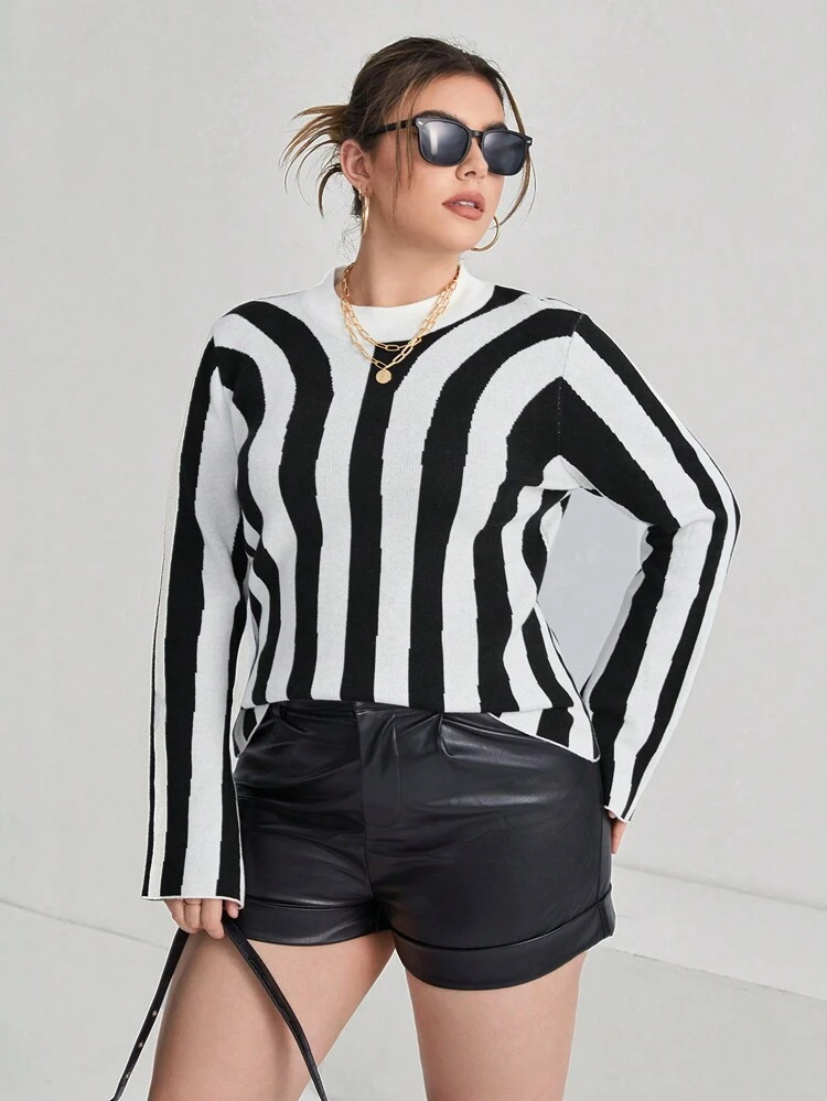 Plus Striped Pattern Drop Shoulder Sweater