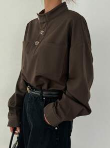 DAZY 半扣落肩口袋贴布衬衫，秋季服装长袖上衣 - 咖啡棕 - 查看 5
