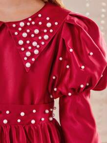 SHEIN 女大童珍珠串珠羊腿袖洋裝 - 紅色 - 查看 5