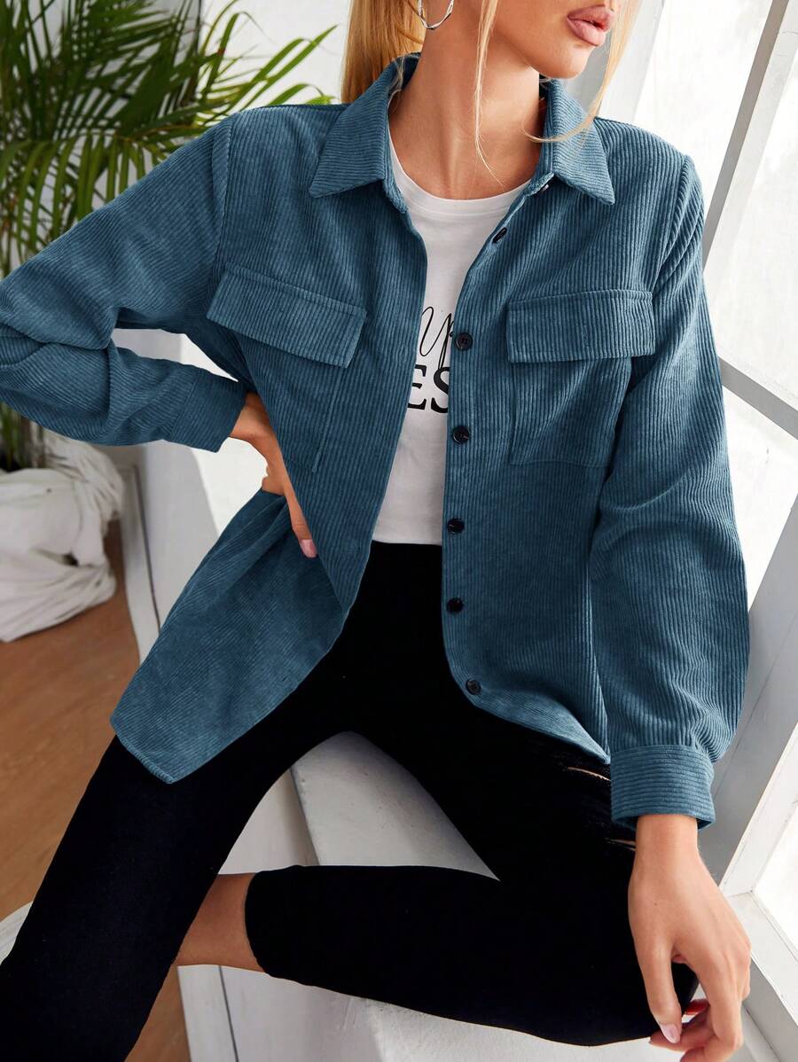SHEIN LUNE Flap Pocket Button Front Shirt - Dusty Blue - View 1