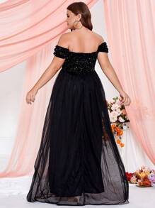 Plus Off Shoulder Mesh Formal Dress - Black - View 2