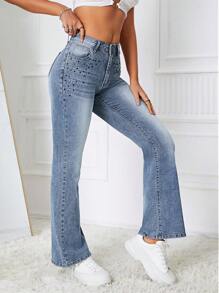 SHEIN ICON 水鑽細節牛仔喇叭褲 - 淺色水洗藍 - 查看 5