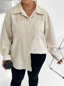 Calvaya Plus Drop Shoulder Pocket Patched Corduroy Coat - Apricot - View 3