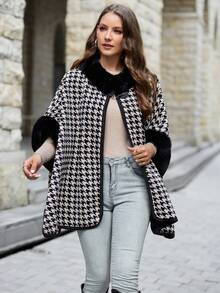 SHEIN Clasi 千鳥格圖案毛茸邊蝙蝠袖開襟衫 - 彩色 - 查看 4