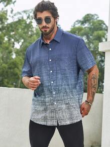 Manfinity Homme 男士加大渐变色短袖领扣衬衫 - 藍色 - 查看 4