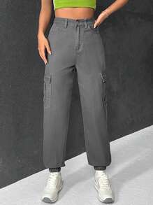 SHEIN EZwear Flap Pocket Side Cargo Jeans - Grey - View 1