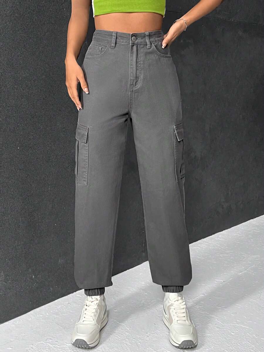 SHEIN EZwear Flap Pocket Side Cargo Jeans - Grey - View 1