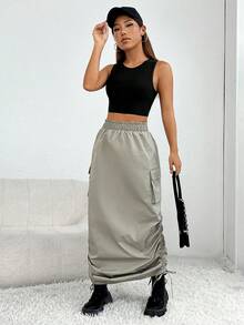 SHEIN PETITE Flap Pocket Drawstring Hem Cargo Skirt - Mint Green - View 3