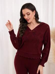 Mulvari 勃艮第红色纯色连帽毛衣和针织裤 - 酒紅色 - 查看 6