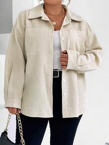 Calvaya Plus Drop Shoulder Pocket Patched Corduroy Coat - Apricot - View 5