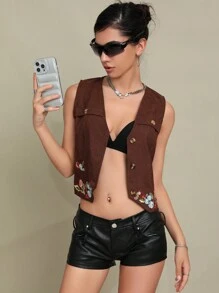 SHEIN Unity Thêu hoa Nút phía trước Áo khoác vest - màu nâu - Xem 4