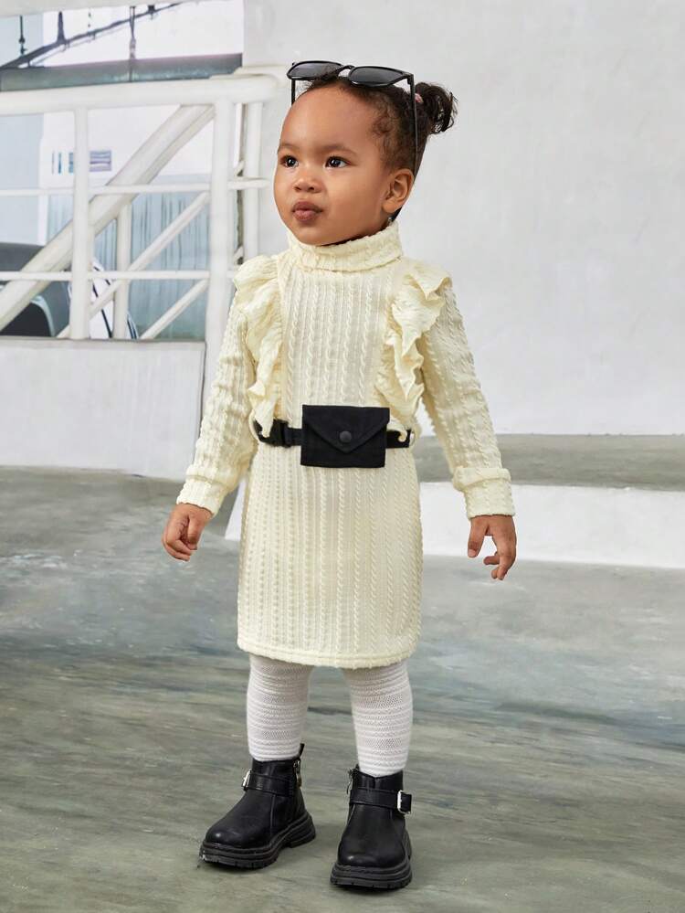 Baby Girl Ruffle Trim Turtleneck Dress & Belt Bag