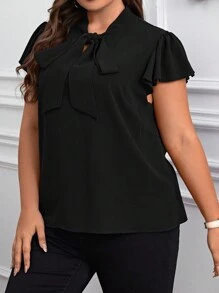 Reflora 大碼繫帶領蝴蝶袖襯衫 - 黑色 - 查看 5