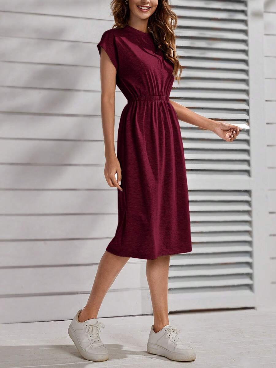 SHEIN LUNE 纯色蝙蝠袖连衣裙 休闲女装，休闲款 - 玫瑰紅 - 查看 1