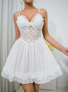 Contrast Lace Cami Pajama Nightdress Bridallingerie - White - View 4