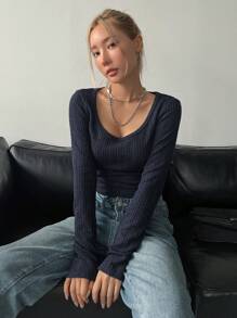 DAZY 纯色圆领短款T恤长袖女式上衣 - 藏蓝色 - 查看 2