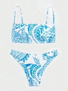 SHEIN Swim 夏日沙灘熱帶印花比基尼套裝 - 藍色 - 查看 1