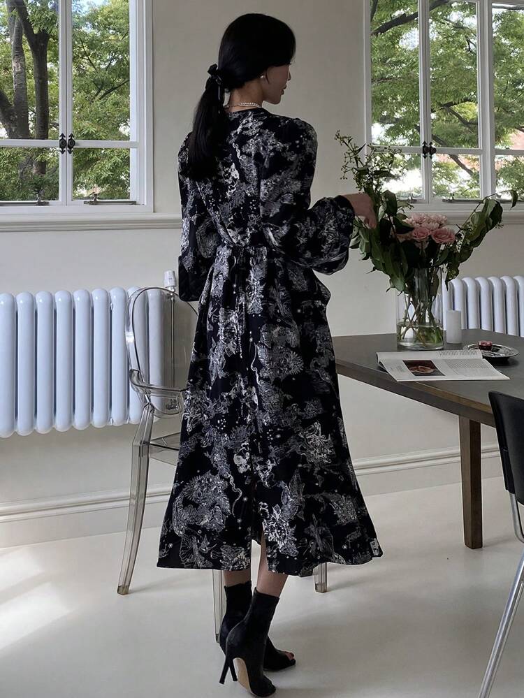 Allover Floral Print Lantern Sleeve Tie Back Dress,Ruffle,Fall Dress Long Sleeve Dress Vacation Outfits Women Boho