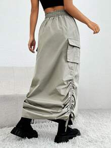 SHEIN PETITE Flap Pocket Drawstring Hem Cargo Skirt - Mint Green - View 2