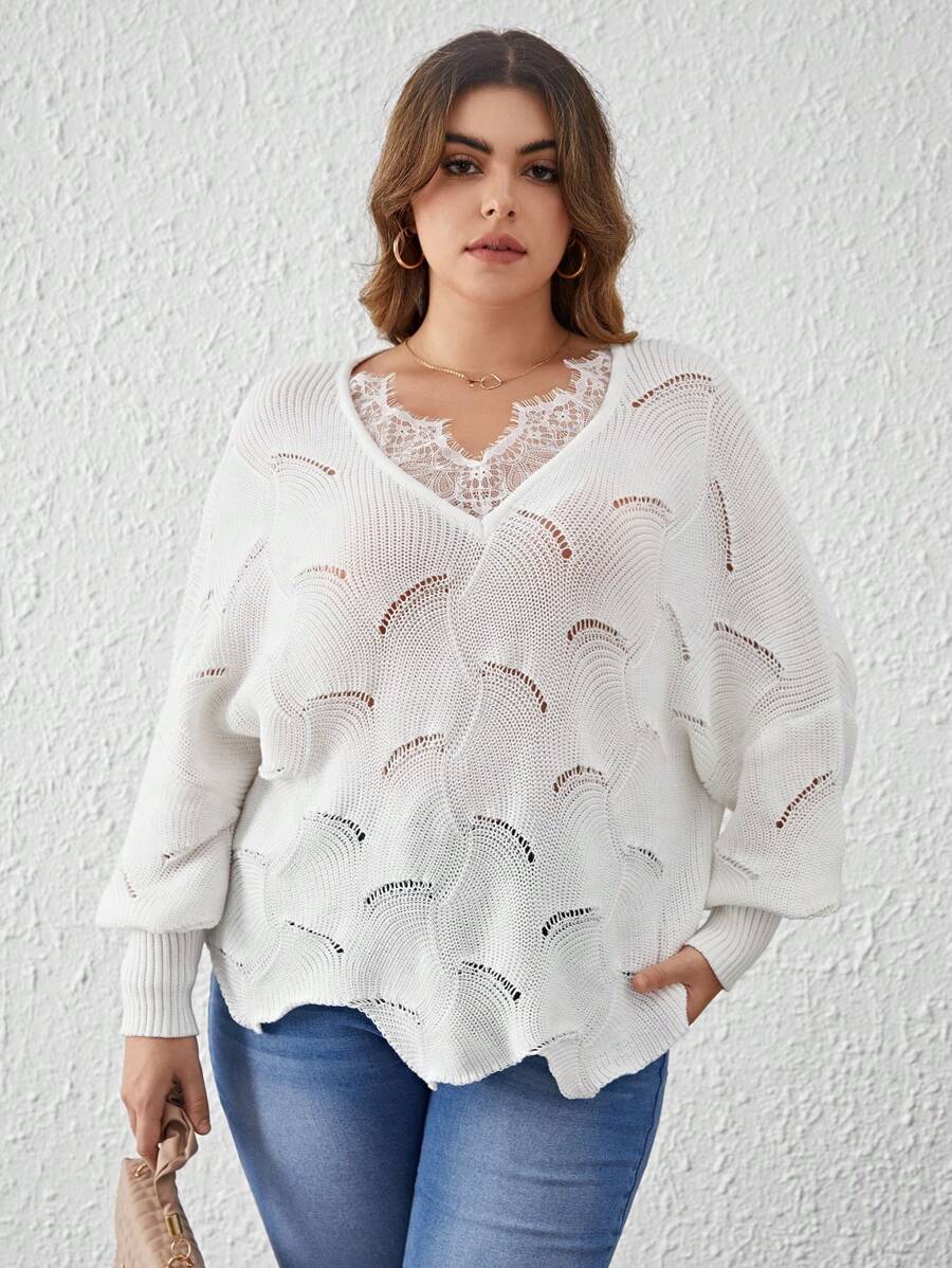 SHEIN Clasi 大碼睫毛蕾絲邊蝙蝠袖網眼針織套頭毛衣 - 白色 - 查看 1