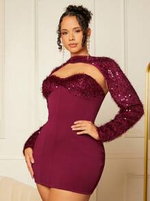 SHEIN SXY Hơn Kim sa Đầm bó sát ống & Siêu Crop Top - Màu Đỏ Sâu - Xem 3