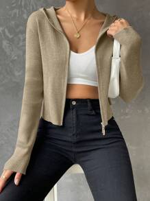 SHEIN EZwear Ribbed Knit Zip Up Hooded Cardigan - Apricot - View 6