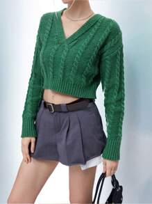 Flirla Cable Knit Drop Shoulder Crop Knit Pullover Fall Winter Sweater - Green - View 1