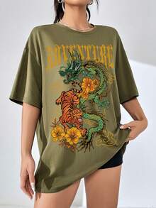 SHEIN EZwear 龍和字母圖案落肩袖超大號T恤 - 軍綠色 - 查看 5