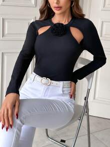 SHEIN Privé Cut Out Front 3d Rose Ribbed Knit Tee