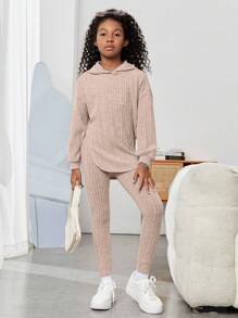 SHEIN Tween Girls Drop Shoulder Curved Hem Hooded Tee & Leggings