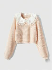ROMWE Kawaii Cổ áo tương phản Dệt kim Waffle Áo len - Hồng - Xem 1