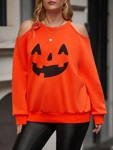 SHEIN Franclia 大碼萬聖印花挖肩運動衫 - 橘色 - 查看 4