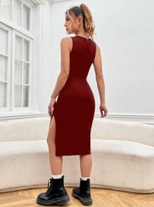 SHEIN EZwear Solid Ruched Split Thigh Dress - Rose Red - View 2