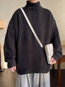 Men Turtleneck Drop Shoulder Sweater - Black - View 4