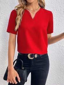SHEIN Essnce Blusa con cuello abotonado liso, top de manga corta - Rojo - Ver 3