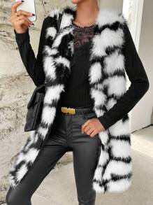 SHEIN Privé Allover Print Open Front Fuzzy Vest Coat - Black and White - View 7