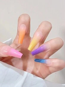 24pcs Y2K Aesthetic Extra Long Coffin Iridescent Gradient Fake Nail & 1pc Nail File & 1sheet Tape For Women Press On Nails Nail Supplies - Multicolor - View 2