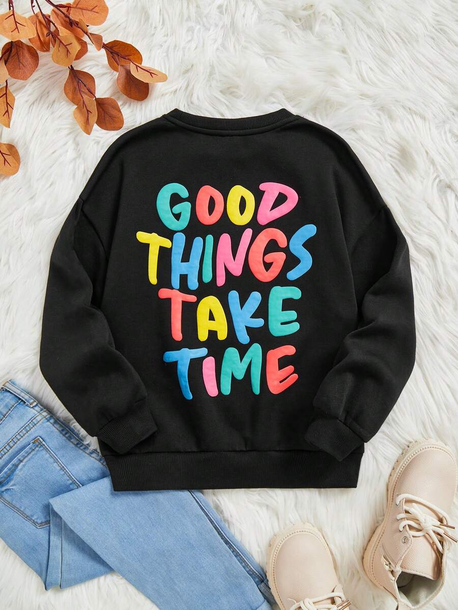 SHEIN Tween Girl Slogan Graphic Drop Shoulder Sweatshirt - Black - View 1