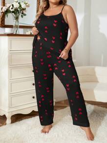 Conjunto de pijama con camisa de tirantes y pantalones estampado de corazón talla grande