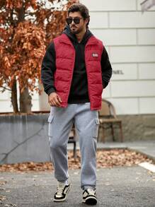 Manfinity Homme Loose Fit Men's Padded Coat With Flag Patched Detail And Zipper Vest - Red - View 6