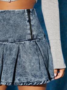 SHEIN PETITE 拉鏈細節褶皺牛仔半身裙 - 藍色 - 查看 6