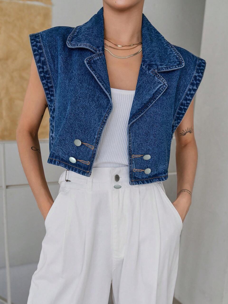 Batwing Sleeve Double Breasted Denim Shirt