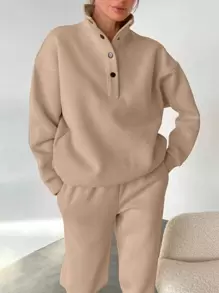 INAWLY Solva 半扣落肩运动衫和运动裤，女士休闲纽扣，口袋腕长袖常规版型卡其色落肩衬衫裤女式两件套服装，春季/秋季，休闲日常穿着 - 卡其色 - 查看 2