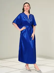 Al Najma Jacquard Notched Neck Faux Pearl Decor Batwing Sleeve Kaftan - Blue - View 3