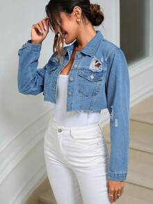SHEIN Essnce 破洞毛邊短款牛仔夾克 - 藍色 - 查看 3