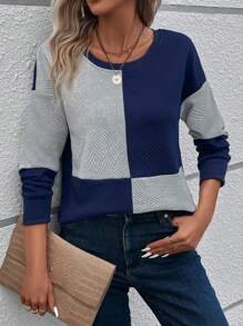 EMERY ROSE Color Block Drop Shoulder Sweatshirt - Navy Blue - View 6