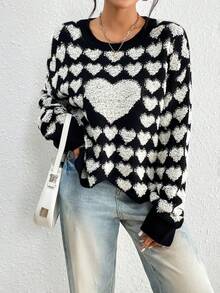 SHEIN Unity Hình trái tim Thả vai Áo len - Đen và trắng - Xem 5